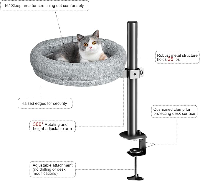 Cat Bed - with 360 Rotation & Adjustable Height - Soft & Comfortable - Indoor Cats Up to 40 lbs (Grey)