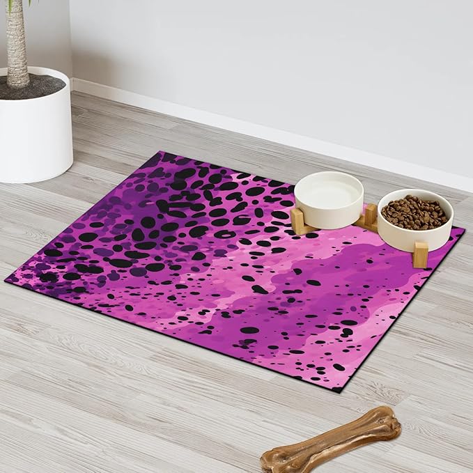 Leopard Print Dog Food Mat for Floors Absorbent Dog Bowl Mat for Food and Water Dispenser Quick Dry Cat Food Placemat Pet Supplies 17" x 30", Purple Wild Skin