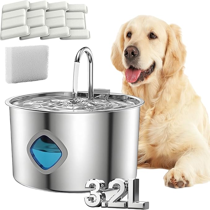 Dog Water Fountain, 4l/7l Doggy Fountain, Large Capacity Dog Water Fountain Stainless Steel, Silent Low-Noise Design, Multi-Filtration, LED Low‑Water Alert (1pcs+4 Filter)