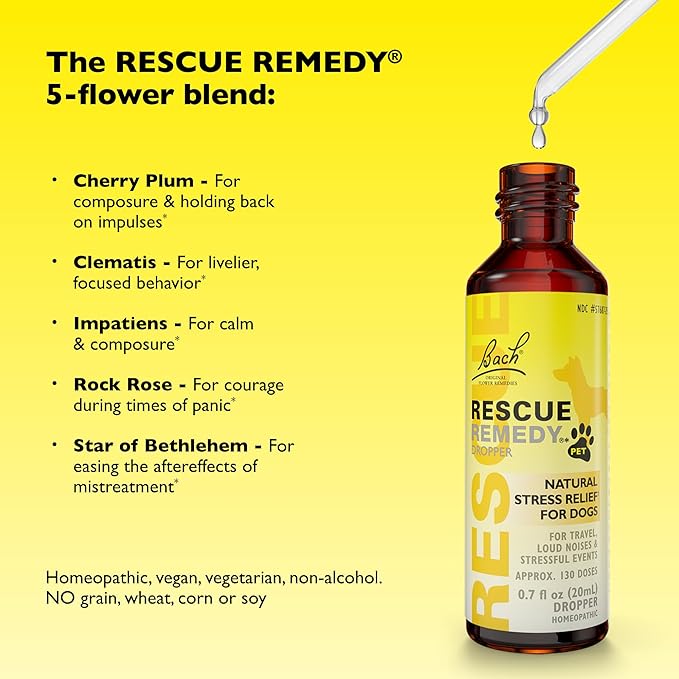 Rescue Remedy Pet Dropper for Dogs - 20 mL - Stress & Tension Support for Dogs with Bach Natural Flower Essences - Sedative-Free, Homeopathic Liquid Formula - For All Breeds, Ages & Weights