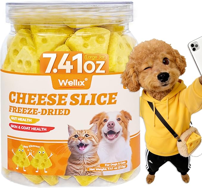 Wellix 7.41oz Freeze Dried Cheese Dog Treats - High-Protein,Grain-Free Crunchy Training Treats for Dogs & Cats - Digestive Health Food Toopers for Puppy Snacks