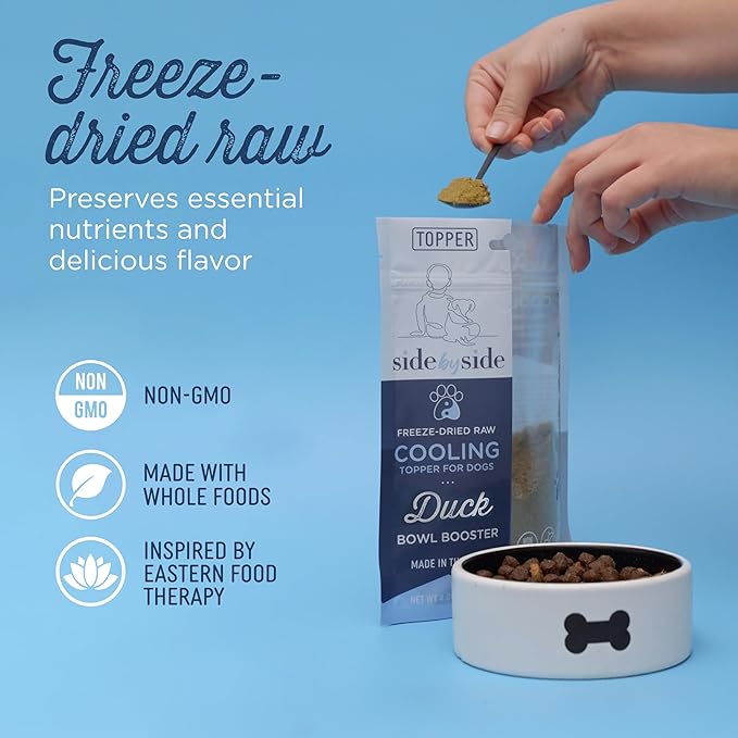 Side by Side Duck Bowl Booster - Cooling Freeze-Dried Dog Food Topper for All Breeds - Made with Nutrients & Whole Raw Foods Toppers for Dogs - No Artificial Additives or Fillers (4 oz.,2-Pack)