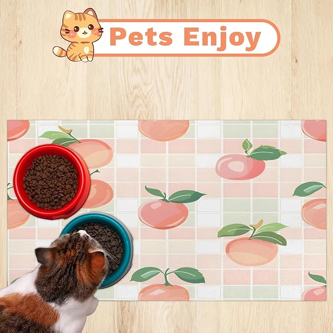 Peach Dog Food Mat for Floors Absorbent Dog Bowl Mat for Food and Water Dispenser Quick Dry Cat Food Placemat Pet Supplies 12" x 20", Buffalo Check Plaid