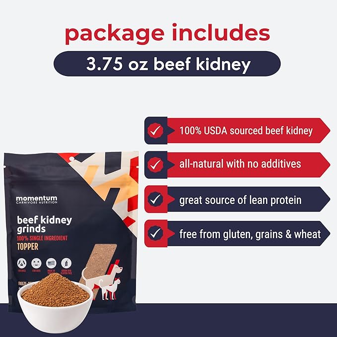 Momentum Carnivore Nutrition Freeze-Dried Beef Kidney Pet Food Topper – Single-Ingredient, All-Natural Topper – High-Protein for Dogs and Cats, Grain-Free and Made in The USA– (3.75 oz Bag)