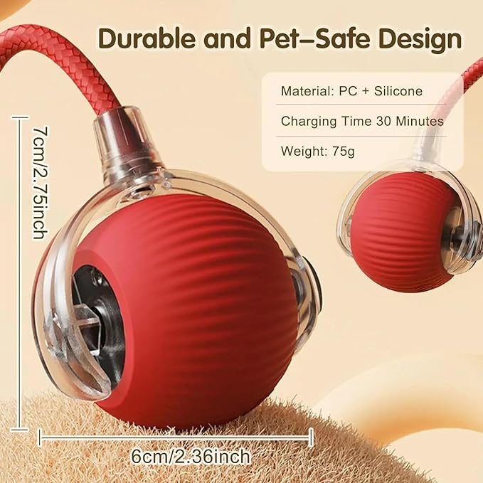Cat Smart Rolling Ball [RED], LED Lights, Indoors for Active Cats - Rechargeable, Automatic, Speedy Tail/Rope