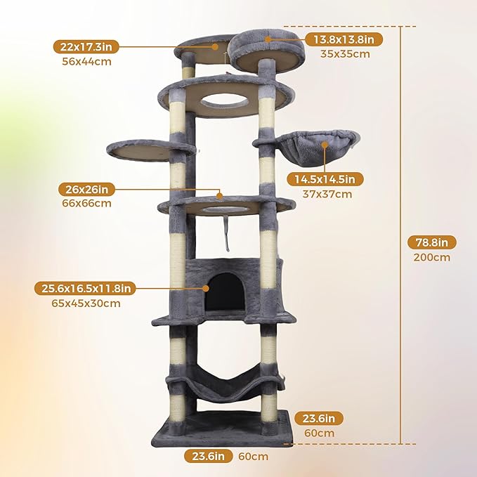 78.8 Inches Cat Tower for Indoor Cats, Cute Cat Tree with Cozy Condo, Platform, Hammock, Sisal Scratch Board and Interactive Toy (Dark Gray)