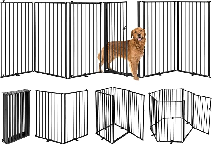 6 Panels Metal Freestanding Dog Gates with Door,120''W Detachable Foldable Dog Fence Indoor Outdoor Puppy Gate, 32''H Free Standing Tall Pet Gate for Doorways,House,Stairs,Porch,Deck,Yard