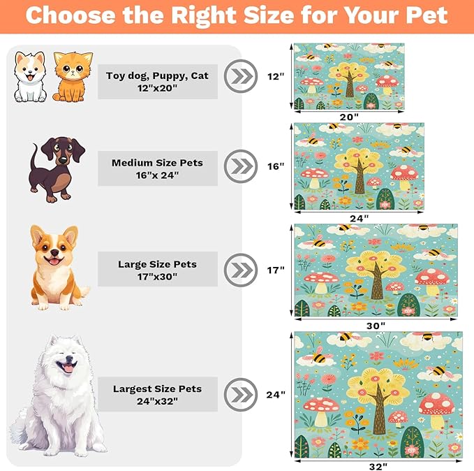 Tree Dog Food Mat for Floors Absorbent, Quick Dry Water Dispenser Mat for Food, Water, Pet Supplies 17" x 30", Mushroom Flower