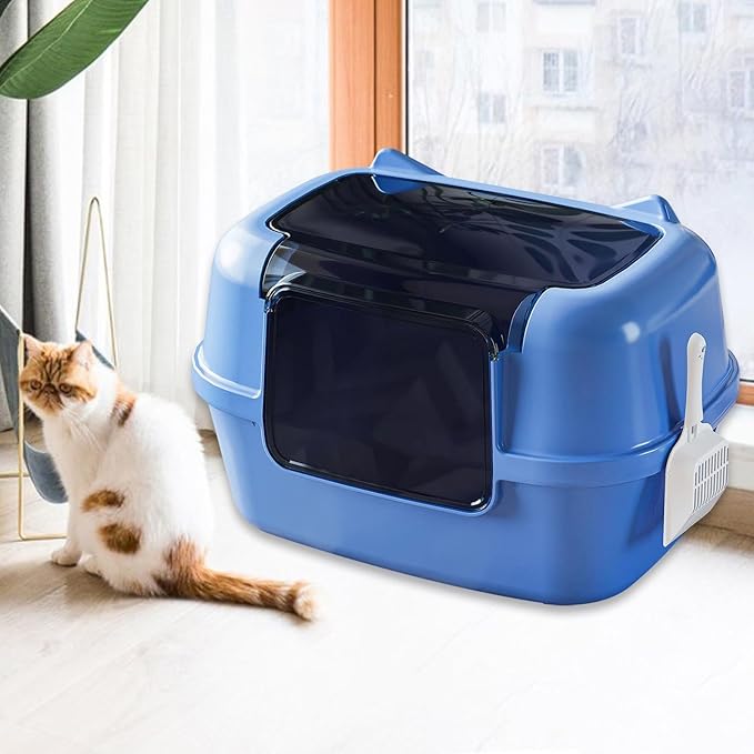 Fully Covered Cat Litter Box Hooded Litter Tray Convertible Potty Pan Easy to Install for Bathroom Home Dormitory- Blue