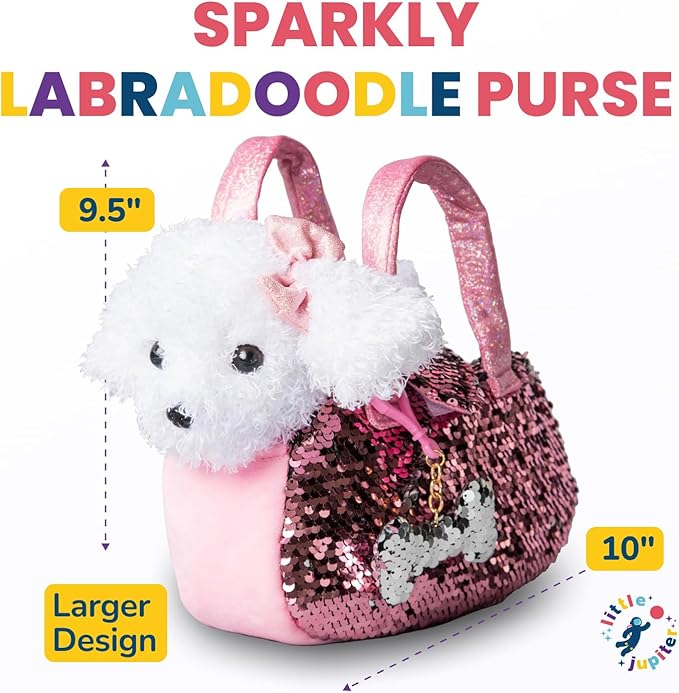 Little Jupiter Pet Plush Set with Purse w/Reversible Sequins & Charm - Stuffed Animal Toy for Kids Ages 4-5 - 6-7 - Stuffed Animal Purse - Stuffed Animals for Girls - (White Labradoodle)