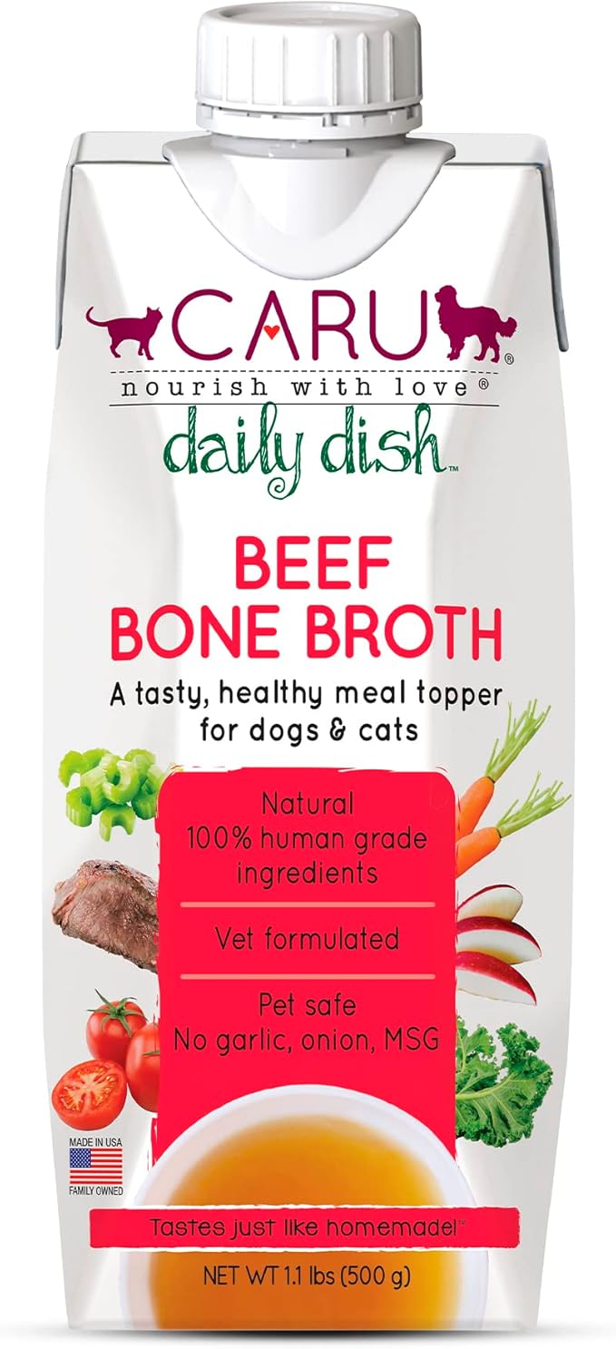 Caru - Daily Dish Beef Bone Broth - Meal Topper for Dogs & Cats - Supports Overall Pet Health - Pour-Over Broth for Wet/Dry Food - Human Grade Ingredients - Non-GMO - Made in USA - 17.6 oz - 1 Pack