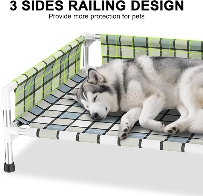 Elevated Raised Outdoor Dog Bed - Cooling Washable Dog Cot with Guardrail, Durable & Breathable Cotton Mesh Pet Hammock Beds with Stainless Steel Pipe Frame for Large Pets (34'' x 26'' x 12'')