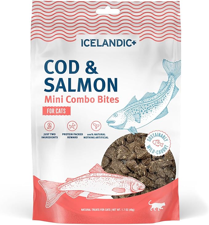 Icelandic+ Mini Combo Bites: Cod & Salmon - 1.7oz Bag - Cat Treats, .25" Crunchy Bites, 2 Ingredient Natural Pet Snacks, No Fillers, Wild-Caught Fish