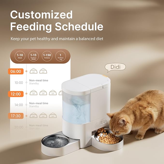 Automatic Cat Feeder and Water, 5G WiFi App Control Cat Food Dispenser, 4L Timed Pet Feeder and 3L Gravity Waterer, Voice Recording, Up to 10 Meal Daily with Dual Stainless Steel Bowl for Kitten,Puppy