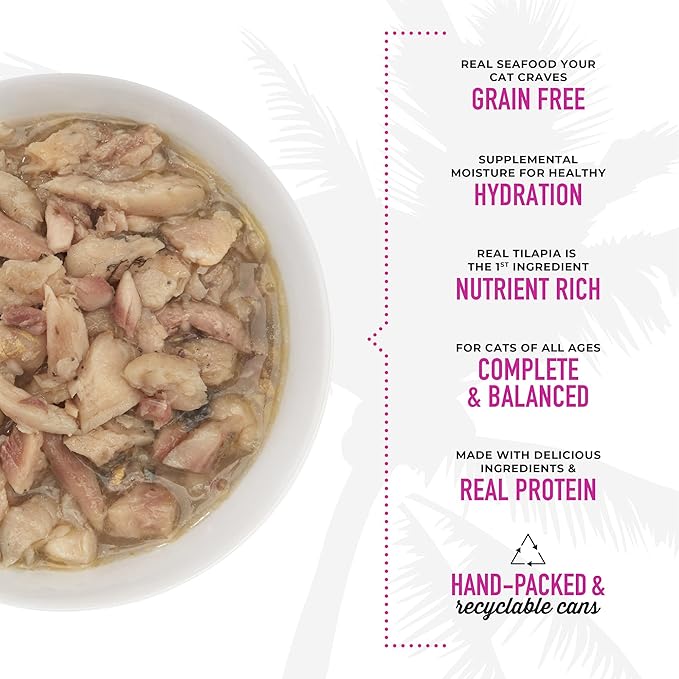 Tiki Cat Luau Shredded Meat, Tilapia Recipe in Tilapia Consumme, Grain-Free Balanced Nutrition Wet Canned Cat Food, For All Life Stages, 2.8 oz. Can (12 Count)