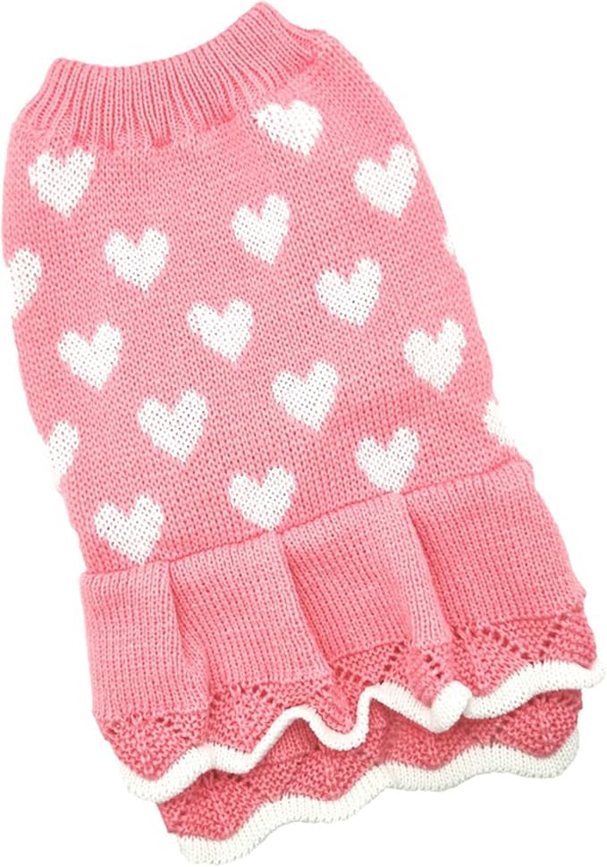 Lovely Heart Pattern Designs Dog Sweater Dress for Valentines Day Small Pet Winter Knitwear Birthday Gift Supply Knitdress