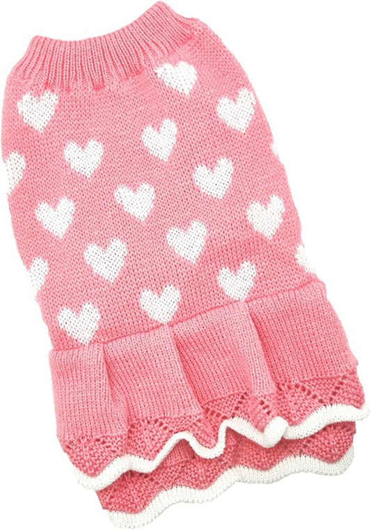 Lovely Heart Pattern Designs Dog Sweater Dress for Valentines Day Small Pet Winter Knitwear Birthday Gift Supply Knitdress