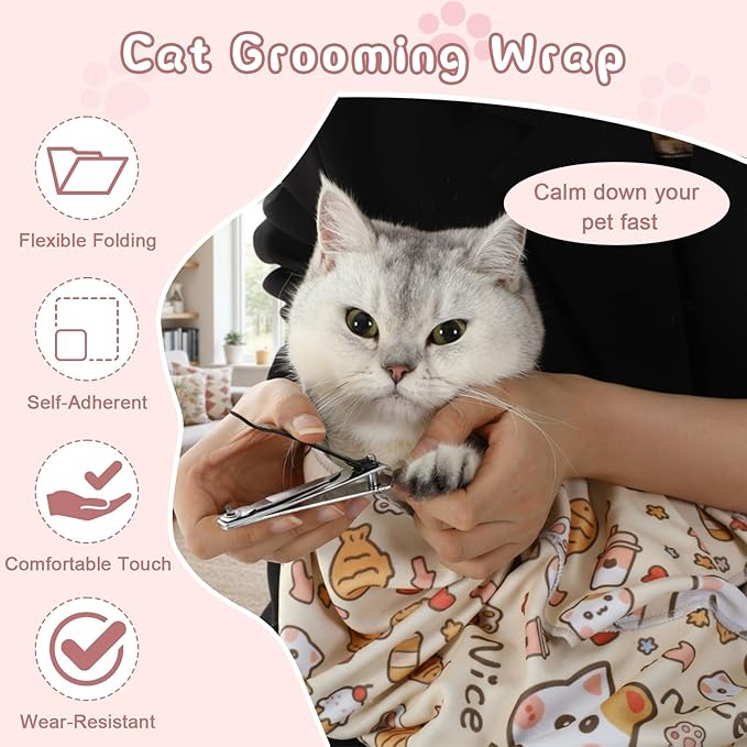 Sadnyy 35.4" Extra Large Cat Grooming Wrap Self-Adherent Anti-Escape Cat Wrap for Cutting Nails, Brushing, Medication and Ear Cleaning