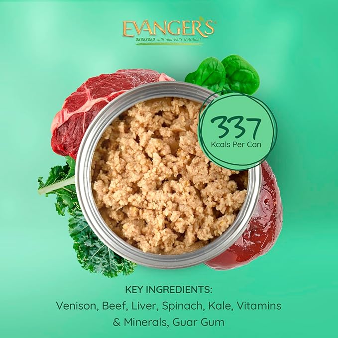 Evanger's Super Limited Ingredient Venison & Beef Dinner for Dogs – 12 Count, 12.5 oz Each – Grain & Gluten Free, Allergy-Friendly, Loaf Style with Spinach & Kale – Wet Dog Food