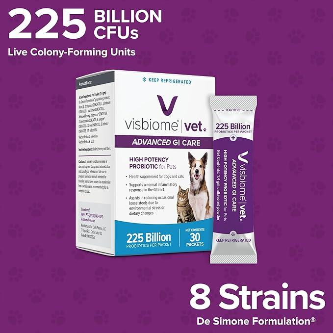 Visbiome® Vet Advanced GI Care High Potency Probiotic for Dogs & Cats – 225B CFU, 8-Strain Formula – Refrigerated, Veterinarian Recommended, Clean Label Certified – 90 Packets