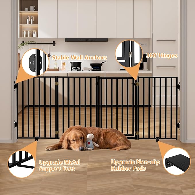 Full Metal Freestanding Dog Gates with Door, 36" Height Dog Fences for Indoor & Outdoor, Extra Wide Foldable Pet Gates for Stairs, Hallways, Doorways, Yard (4 Panels, 80" W × 36" H)