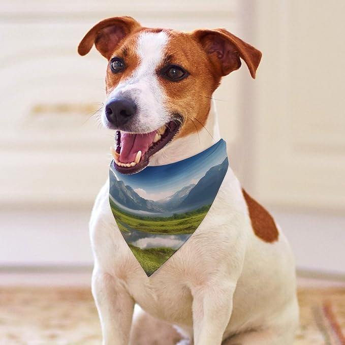 Dog Bandana Spring Pet Scarf Adjustable Triangle Beautiful Scenery Printing Dog Bib Washable Polyester Puppy Bandana for Small Medium Large Dogs Cat Birthday Party Supplies