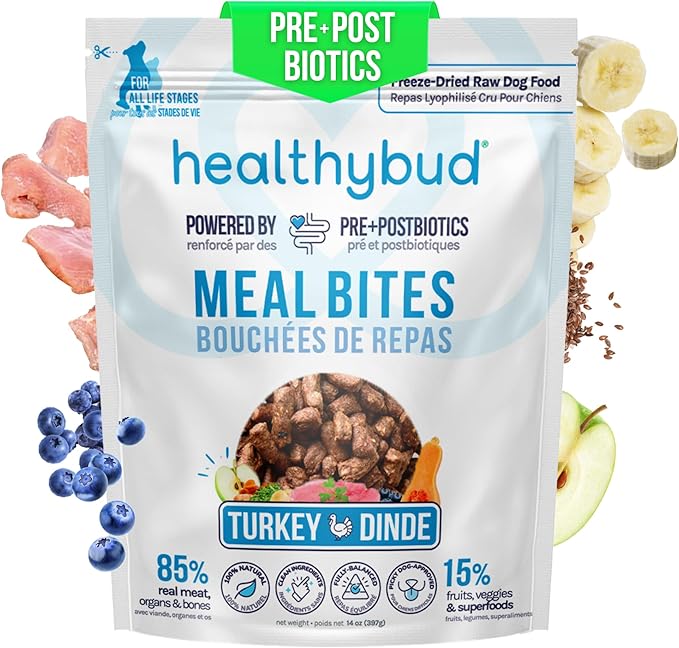 healthybud Raw Dog Food, Freeze Dried Turkey Bites, Grain Free Puppy Food, Human Grade, High Protein, Dehydrated Real Meat Dog Treats & Toppers, 14.1 oz