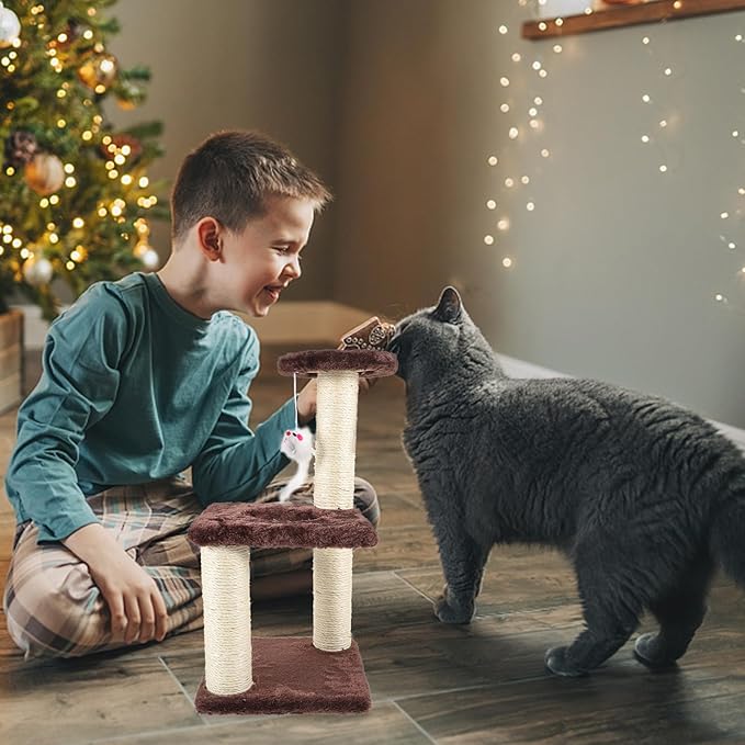 Kisangel Vertical Cat Scratching Post with Hanging Ball 3-Layer Sisal Cat Tree in Coffee Color for Indoor Kittens Multi-Level Climbing and Scratching Furniture
