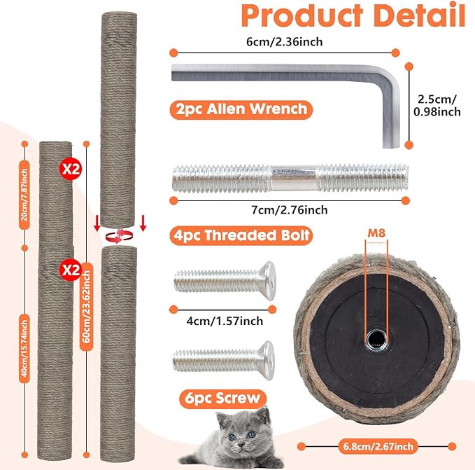 PowerKing Natural Sisal Replacement Scratching Post, 4 Pieces M8 Cat Scratch Post Refill Pole Parts for Refurbishment, White, Include Screws (Grey-15.7''+15.7''+7.87''+7.87'')