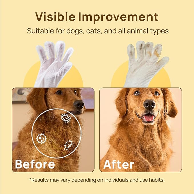 HICC PET Cleaning Deodorizing Glove Wipes for Dogs & Cats, Vet Recommended Hypoallergenic Hydrating & Nourish Fur Pet Grooming Glove Wipes, Pet Bathing Wipes for Horse Coat Care,6pcs Unscented