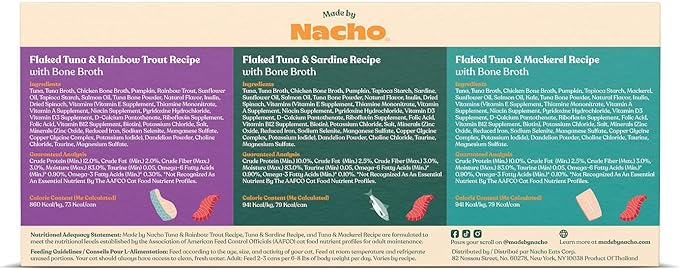 Made by Nacho Flaked Filets Recipe in Bone Broth, Grain-Free Chef's Selects Wet Food for Cats Balanced Diet in Naturally Hydrating Pumpkin-Infused Broth (3.0 oz (Pack of 12), Flaked Fish Variety Pack)
