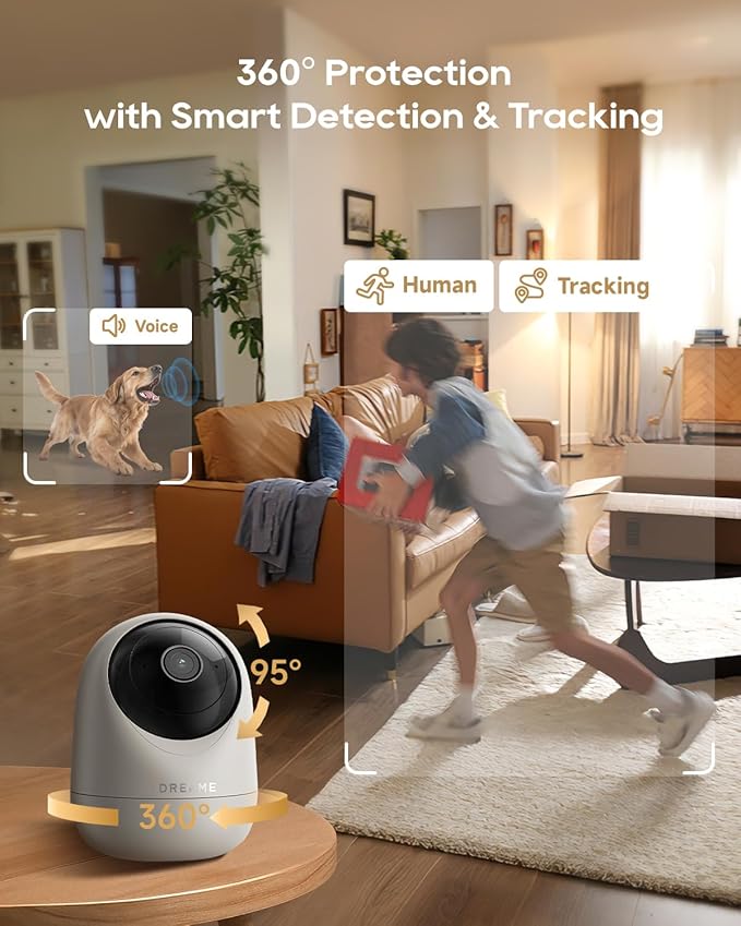DREAME 2.5K 4MP Pet Dog Camera, Indoor Security Camera Wireless, Dual-Band 5G/2.4G Wi-Fi, Auto-Tracking, 360° Pan-Tilt, Cloud & Local Storage, Physical Privacy Mode, Work with Alexa & Google, Grey