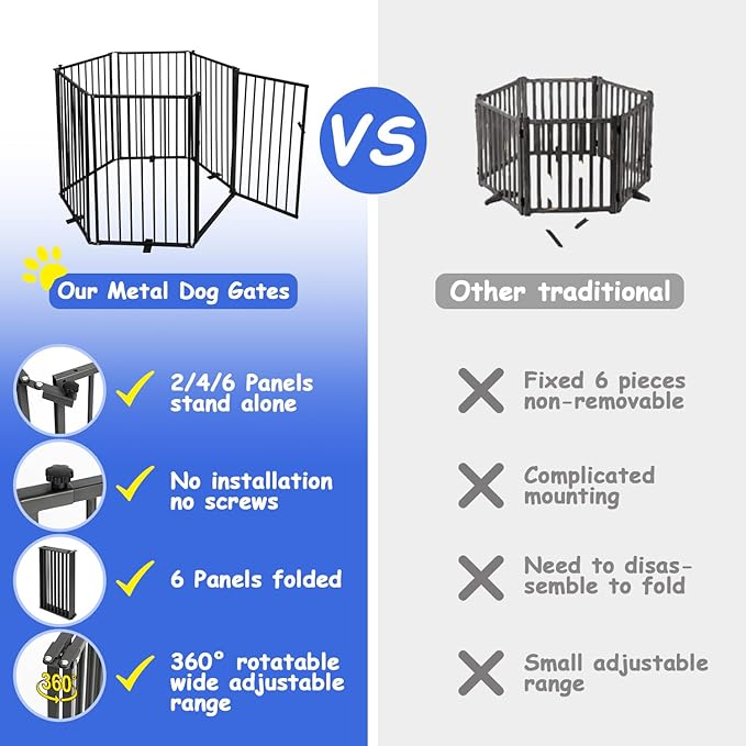 6 Panels Metal Freestanding Dog Gates with Door,120''W Detachable Foldable Dog Fence Indoor Outdoor Puppy Gate, 32''H Free Standing Tall Pet Gate for Doorways,House,Stairs,Porch,Deck,Yard