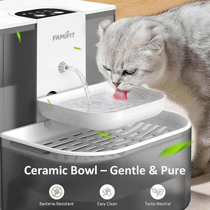[New Upgrade] Famifit 4.5L+2L Automatic Cat Water Fountain (Non-Heated), 2000mAh Battery, Timed 3/6/9H & 80/100/120ml Control, Clean Water System, No Filter, Ceramic Bowl, Ultra Quiet