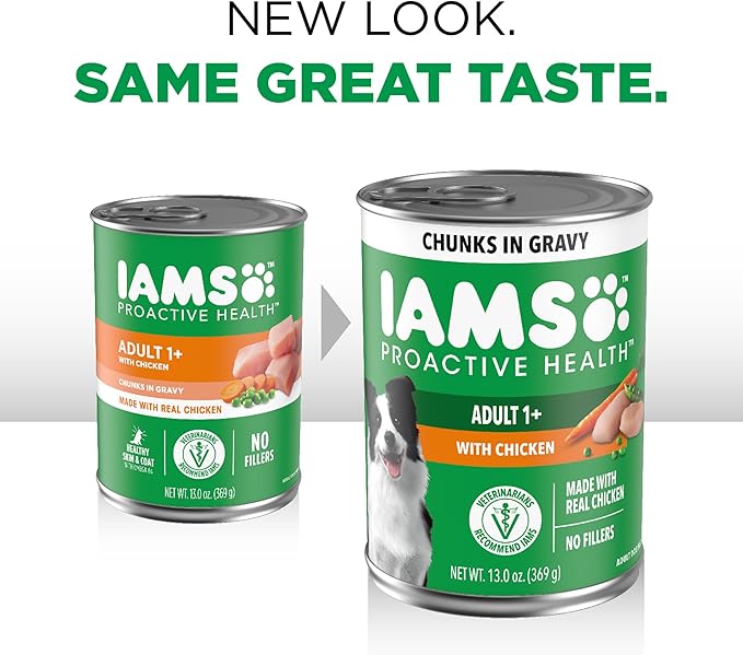 IAMS Proactive Health Adult Wet Dog Food Chunks in Gravy, Chicken Recipe, 13 oz. Cans (12 Count, Pack of 1)