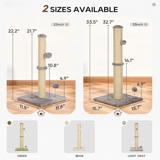 Dkelincs 22" Cat Scratching Post Premium Sisal Kitten Scratcher with Hanging Ball for Indoor Cats, Cat Scratch Post for Living Room & Bedroom, Ideal for Kittens or Smaller Cats (Light Gray, 22 Inch)
