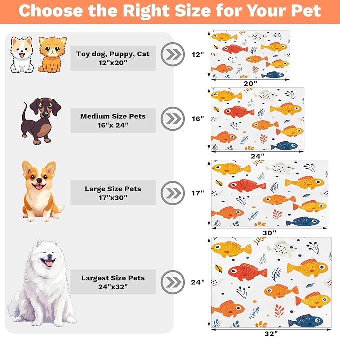 Cute Fish Dog Food Mat for Floors Absorbent Dog Bowl Mat for Food and Water Dispenser Quick Dry Cat Food Placemat Pet Supplies 16" x 24", Coral