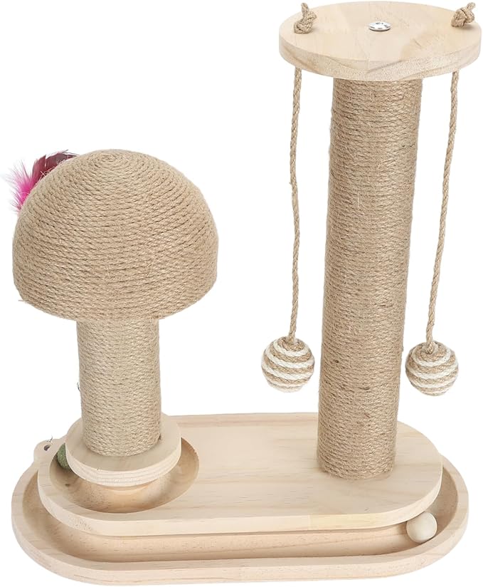 Cat Toy Cat Scratching Post 2 Layer Ball Track Kitten Scratcher Cat Toy, Sturdy Pine Hemp Cat Scratch Post Interactive Toy with Wood Ball, Suction Cup Base Cat Scratcher Toy