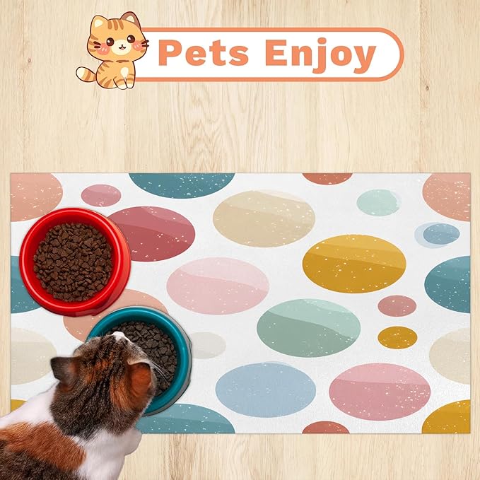 Polka Dot Dog Food Mat for Floors Absorbent Dog Bowl Mat for Food and Water Dispenser Quick Dry Cat Food Placemat Pet Supplies 12" x 20", Colorful Circle