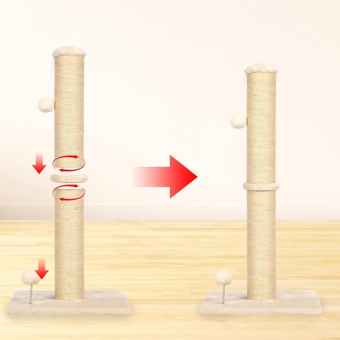33" Tall Cat Scratching Post, 3-in-1 Durable Sisal Vertical Cat Scratcher Post with Hanging Ball, Sturdy Cat Scratch Pole with Soft Fabric Base for Indoor Cats at All Ages, Beige