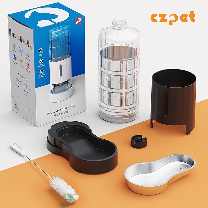 CZPET 2.5 Gallon Dog Water Bowl Dispenser, Automatic Dog and Cat Water Dispenser with Stainless Steel Bowl, Gravity Waterer, Large Capacity, and Quiet Drinking Area for Pets (9.5L,Black)
