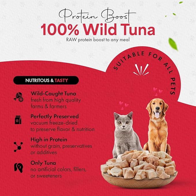 Tuna Cat Treats, 100% Wild Caught | Freeze Dried Dog Treats, High Protein | Grain-free, Single Ingredient Cat & Dog Food Toppers | No Additives or Preservatives | Inspected & Tested in USA | 7.4 oz