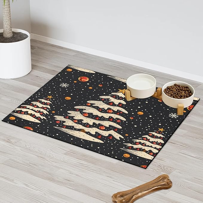 Christmas Tree Dog Food Mat for Floors Absorbent, Quick Dry Water Dispenser Mat for Food, Water, Pet Supplies 16" x 24", Xmas
