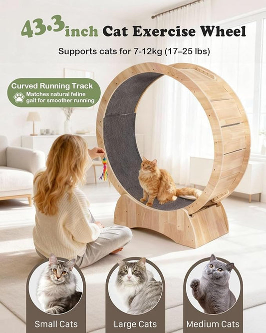 43.3" Cat Wheel for Indoor Cats, Large Cat Exercise Wheel with 2 Detachable Carpeted Runways, Quiet Wood Cat Treadmill with Safety Lock, 7-Layer Plywood Fitness Running Wheel for Cats up to 25 lbs