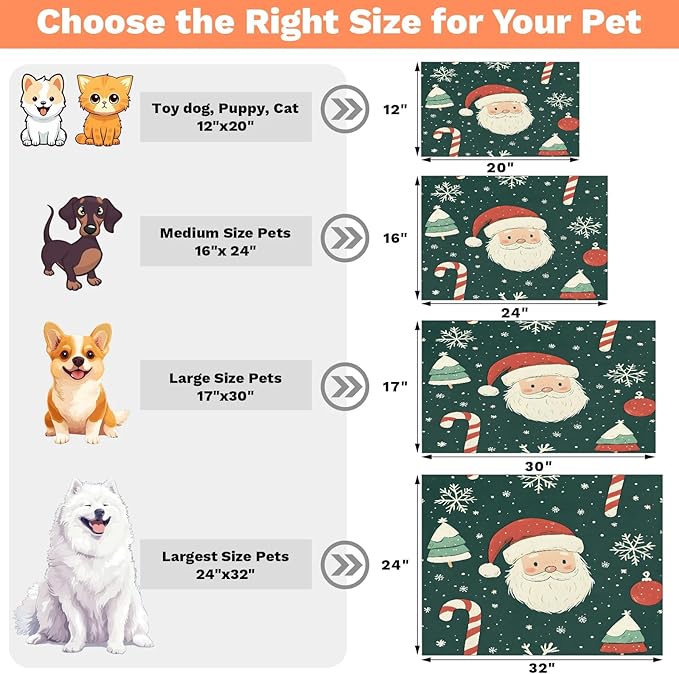 Merry Christmas Dog Food Mat for Floors Absorbent, Quick Dry Water Dispenser Mat for Food, Water, Pet Supplies 17" x 30", Santa Claus