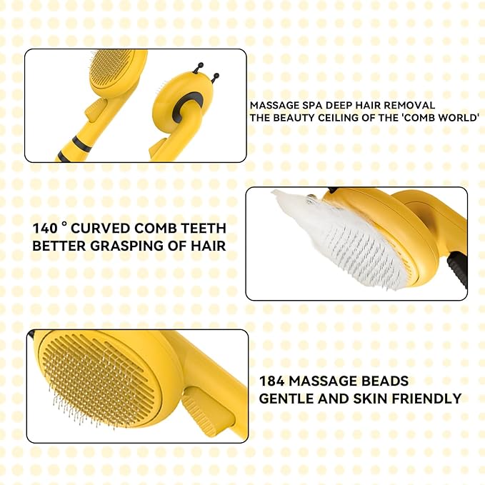Bee Cat Brush, Pets Skin Friendly Grooming Brushes for Shedding Dogs Cats Hair Easy to Remove Loose Undercoat with Long or Short Hairs Pet Massage Tool All Hair Type (Yellow)