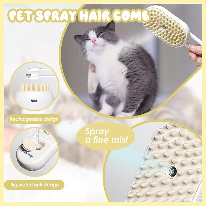 Steam Grooming Brush for Cats and Dogs - Easy to Clean Pet Spa Tool with Water Brush and Hair Removal Technology (O White)