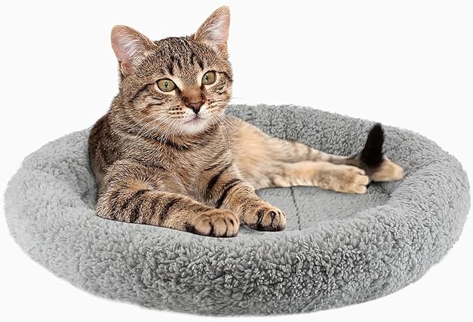 PETLESO Cat Bed Mat for Indoor Cats, 15.75" Round Pad with Pillow Around, Self Warm Pet Bed for Cats Dogs Rabbit Curling Sleep/Nap, Antiskid Bottom, Washable, Medium