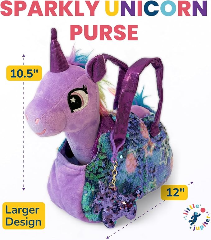 Little Jupiter Plush Pet Set w/Purse - Unicorn Stuffed Animals for Girls - Plush Toy Gift for Girls Ages 3-7 yrs (Light Purple Unicorn)