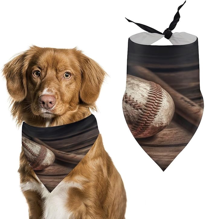 Dog Bandana Spring Pet Scarf Adjustable Triangle Baseball on Wooden Printing Dog Bib Washable Polyester Puppy Bandana for Small Medium Large Dogs Cat Birthday Party Supplies